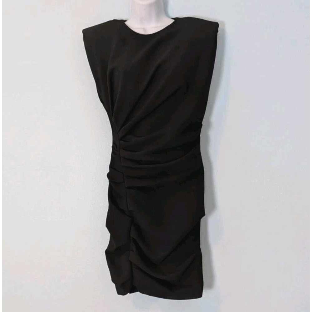 Zara Ruched Cocktail Dress Small Black Shoulder Pads Sleeveless